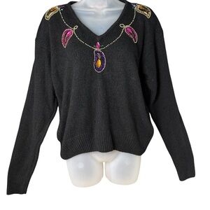 80s Bling Casino Grandma Sweater Black Beaded Jewel Button Silk Angora Medium